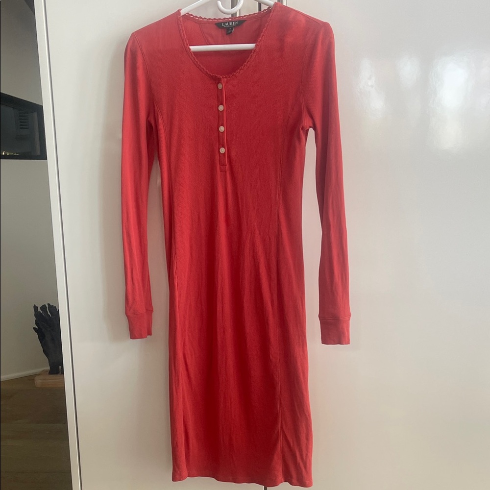 Lauren Ralph Lauren Orange Long Sleeve Dress with Button Accents